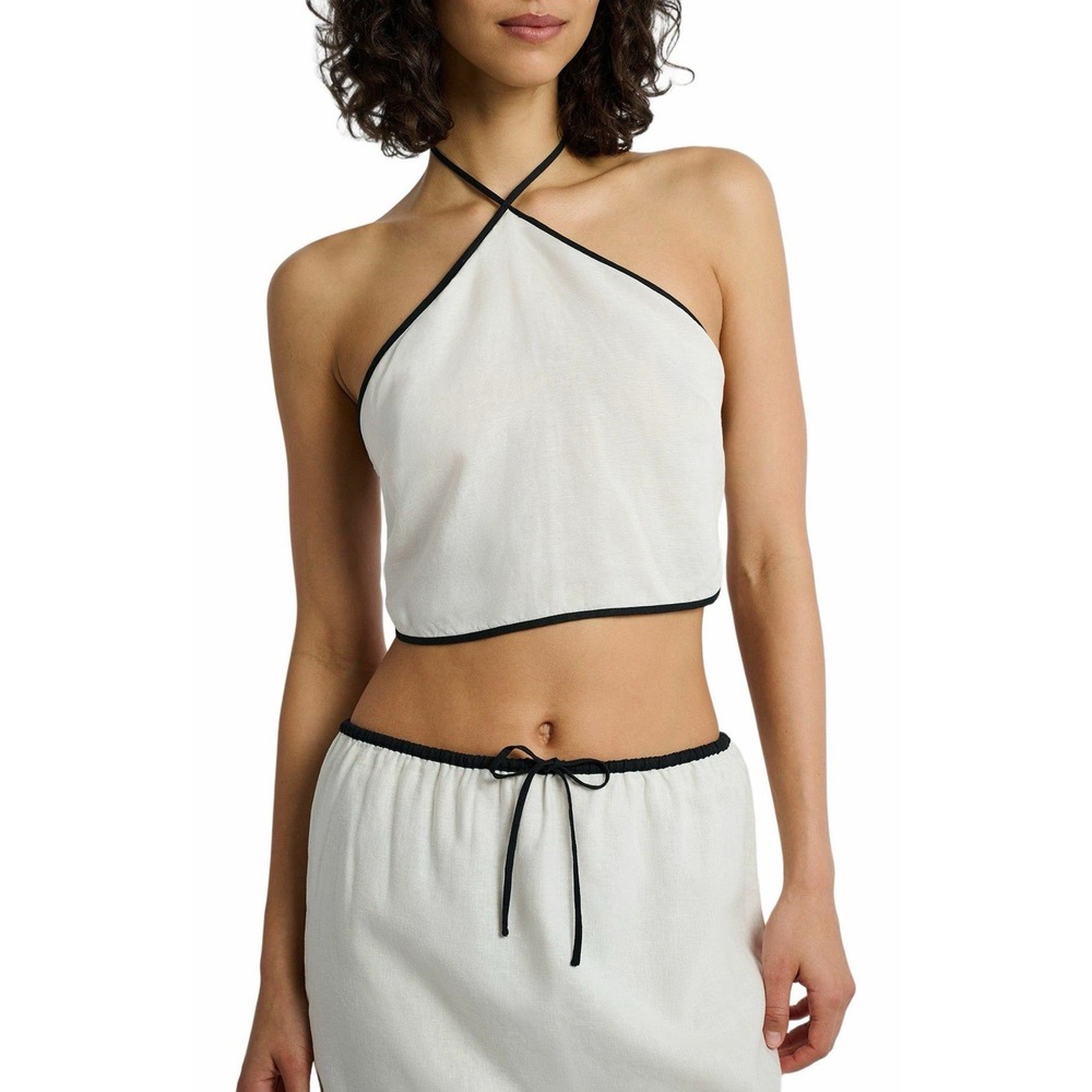 Onia Air Linen Cropped Halter Top in white with black contrast trim size medium